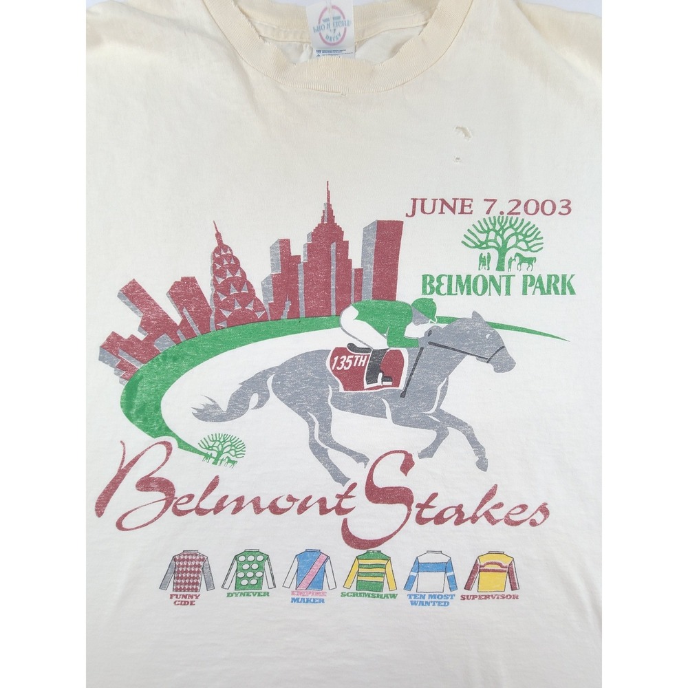 VTG Delta Pro Weight Cream 2003 Belmont Stakes Horse Racing T-Shirt Men XL Beige